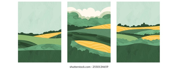 Projeto abstrato exclusivo paisagem de fazenda de arroz verde com padrão de vetor mínimo. Ilustração vintage moderna mistura natureza, ecologia, agricultura, folheto de viagem de verão, capa de revista, cartão ecológico, colagem