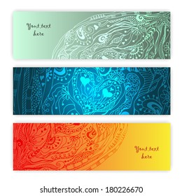 Unique abstract  hand drawn ethnic pattern card set with doodles, art flowers and cucumbers. EPS10 organized in groups for easy editing.