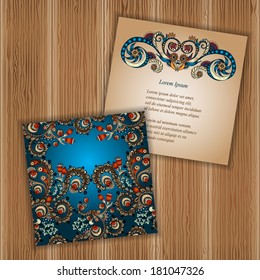 Unique abstract  hand drawn ethnic pattern card set with doodles, art flowers and cucumbers on wood background. EPS10 organized in groups for easy editing.