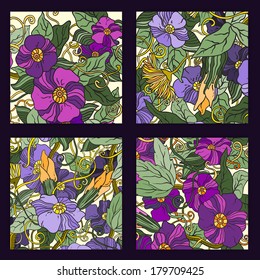 Unique abstract  hand drawn pattern card set with art flowers and leaves. Perfect for invitations or announcements.