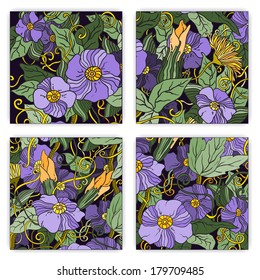 Unique abstract  hand drawn pattern card set with art flowers and leaves. Perfect for invitations or announcements.