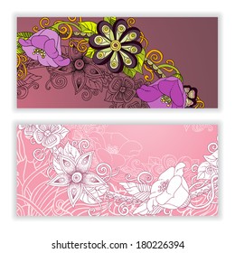 Unique abstract  hand drawn pattern card set with art flowers and leaves. Perfect for invitations or announcements.