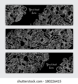 Unique abstract  hand drawn pattern card set with art flowers and leaves. Perfect for invitations or announcements.