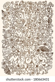 Unique abstract  hand drawn pattern with art flowers.