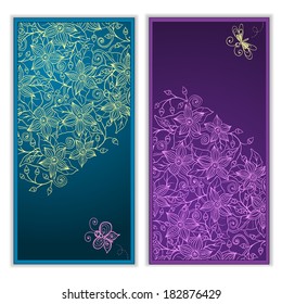 Unique abstract  hand drawn pattern card set with art flowers and leaves.  Series of image Template frame design for card.