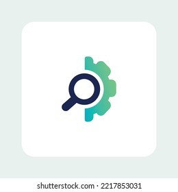 A unique abstract logo consisting of a search magnifier and a gear. The logo is suitable for a mobile application, an online service, code development, an IT company.