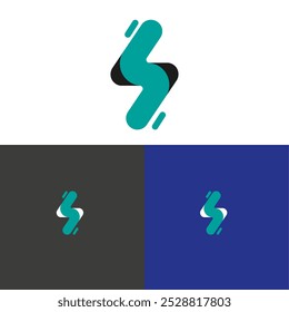 Unique abstract logo design featuring a stylized shape in teal, displayed on white, gray, and blue backgrounds. Ideal for branding, business identity, or corporate use. Initial NS letter logo