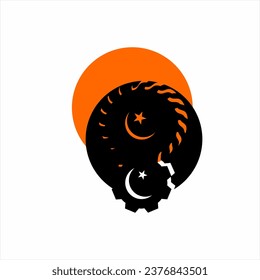 Unique abstract logo design with sun, moon, stars, gear and saw blade elements.