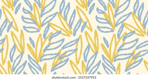 Unique abstract organic shapes seamless pattern. Yellow and blue  print. Vector hand drawn sketch creative forms background. Contemporary minimalist ornament.