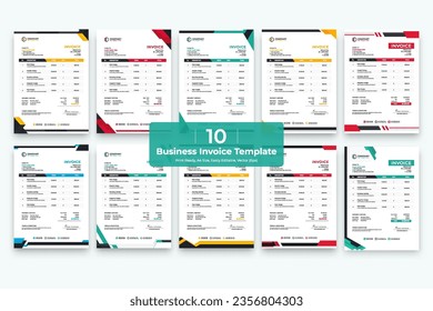 Unique abstract style business invoice Bundle. 10 Creative Invoice Template Paper Sheet Include Accounting, Price, Tax, and Quantity. With color variation Vector illustration of Finance