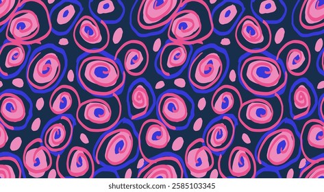 Unique abstract swirl organic shapes seamless pattern on a dark background. Vector hand drawn. Pink and blue  irregular shape circular. Contemporary background ornament for print