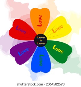 Única ilustración abstracta del orgullo LGBT. Flor en los colores del arcoiris LGBT, la inscripción amor es amor. Fondo blanco aislado. Impresión de camisetas. 
