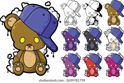 A unique and adorable cartoon teddy bear character set featuring a cool stuffed bear wearing a blue baseball cap with urban drip style. 