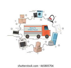 Unique advertisement poster, banner or logo for moving to a new house. Vector illustration. 