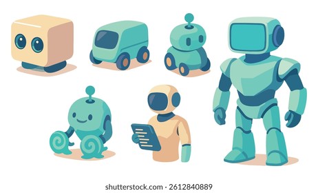 Unique AI Robot Collection Featuring Multiple Futuristic Designs – Artificial Intelligence Bots, Automation Technology, and Cybernetic Innovation Illustration Set