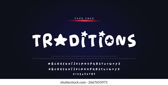 Unique alphabet playful style rounded font, unusual typography letters and numbers, vector illustration 10EPS.
