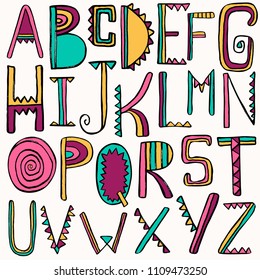 Unique alphabet. Set of hand-drawn letters. Colorful vector typography design