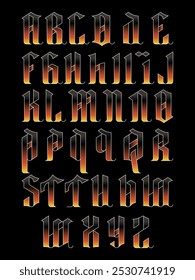 Um conjunto único de caracteres maiúsculos inspirados em letras cursivas de conexão, caligrafia e tipografia em inglês antigo com um gradiente e um contorno de traçado.