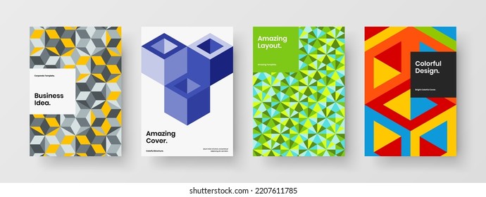 Conjunto único de ilustraciones vectoriales de diseño A4 de informe anual. Composición del concepto de folleto de formas geométricas vívidas.