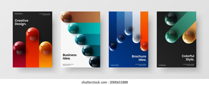Unique annual report design vector layout bundle. Original realistic balls journal cover template collection.