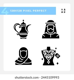 Unique arabic culture black glyph icons set on white space. Dubai jewellery. Uae fashion. Turkish traditional. Arabian heritage. Silhouette symbols. Solid pictogram pack. Vector isolated illustration