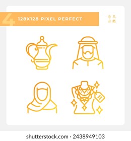 Unique arabic culture gradient linear vector icons set. Dubai jewellery. Uae fashion. Turkish traditional. Thin line contour symbol designs bundle. Isolated outline illustrations collection