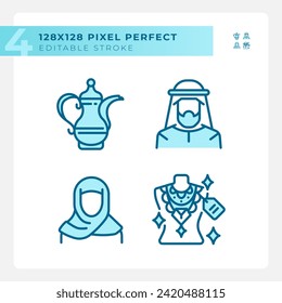 Unique arabic culture light blue icons. Dubai jewellery. Uae fashion. Turkish traditional. Arabian heritage. RGB color. Website icons set. Simple design element. Contour drawing. Line illustration