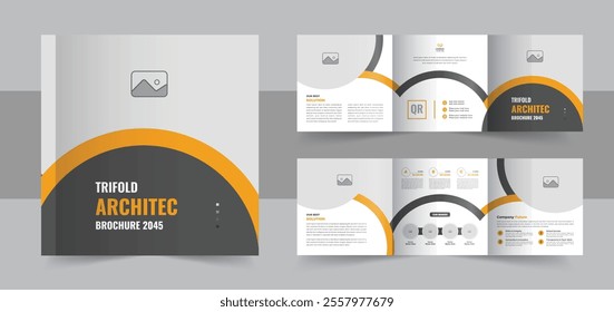 Unique architecture square trifold brochure template design or Modern construction, renovation, corporate trifold brochure layout. corporate square tri fold brochure template