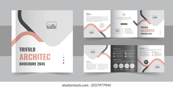 Unique architecture square trifold brochure template design or Modern construction, renovation, corporate trifold brochure layout. Creative architecture square trifold brochure template 