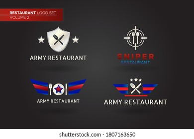 Plantilla única de juego de logotipos para el restaurante del ejército para su empresa, empresa o producto. Wings and Shield Army. Destino del francotirador