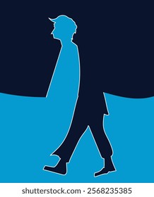 Unique art Minimalist Silhouette of a Walking Man with Contrasting Blue and Navy Abstract Background – Modern Graphic Design for Posters, Illustrations, and Branding Projects