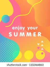Unique artistic card - enjoy your summer with gradient background,shapes and geometric elements in memphis style.Bright poster perfect for prints,flyers,banners,invitations,special offer and more.