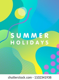Unique artistic card - summer holidays with gradient background,shapes and geometric elements in memphis style.Bright poster perfect for prints,flyers,banners,invitations,special offer and more.