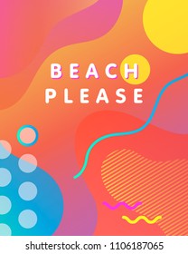 Unique artistic design card - beach please with gradient background,shapes and geometric elements in memphis style.Bright poster perfect for prints,flyers,banners,invitations,special offer and more.