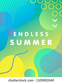 Unique artistic design card - endless summer with gradient background,shapes and geometric elements in memphis style.Bright poster perfect for prints,flyers,banners,invitations,special offer and more.