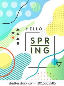 Unique artistic design card - hello spring with bright background,shapes and geometric elements in memphis style.Abstract card perfect for prints,flyers,banners,invitations,special offer and more.
