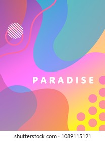 Unique artistic design card - paradise with gradient background,shapes and geometric elements in memphis style.Bright summer poster perfect for prints,flyers,banners,invitations,special offer and more