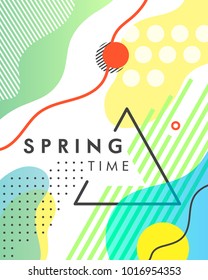 Unique artistic design card - spring time with bright background,shapes and geometric elements in memphis style.Abstract card perfect for prints,flyers,banners,invitations,special offer and more.