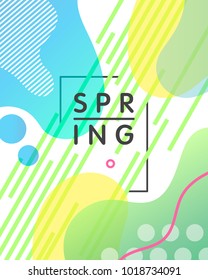 Unique artistic design card - spring with bright gradient background,shapes and geometric elements in memphis style.Abstract card perfect for prints,flyers,banners,invitations,special offer and more.