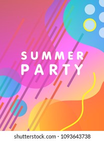 Unique artistic design card - summer party with gradient background,shapes and geometric elements in memphis style.Bright poster perfect for prints,flyers,banners,invitations,special offer and more.