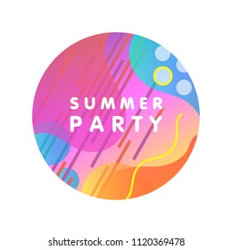 Unique artistic design card - summer party with gradient background,shapes and geometric elements in memphis style.Bright poster perfect for prints,flyers,banners, invitations,special offer and more.