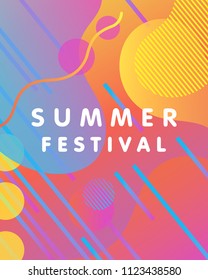 Unique artistic design card - summer festival with gradient background,shapes and geometric elements in memphis style.Bright poster perfect for prints,flyers,banners,invitations and more.