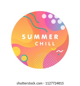 Unique artistic design card - summer chill with gradient background,shapes and geometric elements in memphis style.Bright poster perfect for prints,flyers,banners,invitations,special offer and more.