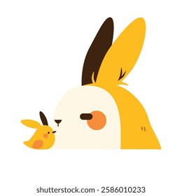 A unique and artistic illustration featuring a rabbit and a chick, designed in a bold, abstract, and comic-inspired style. The chick playfully sports bunny ears, adding a whimsical and surreal touch