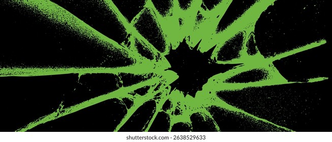 A unique artistic representation of shattered glass reveals striking green lines radiating from a central impact point on a solid black surface.Bitmap overlay bg with pixel effect 