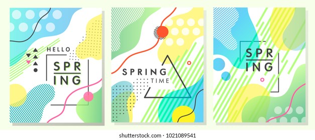 Unique artistic spring cards with bright gradient background,shapes and geometric elements in memphis style.Abstract design cards perfect for prints,flyers,banners,invitations,special offer and more.