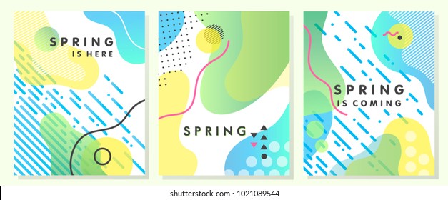 Unique artistic spring cards with bright gradient background,shapes and geometric elements in memphis style.Abstract design cards perfect for prints,flyers,banners,invitations,special offer and more.