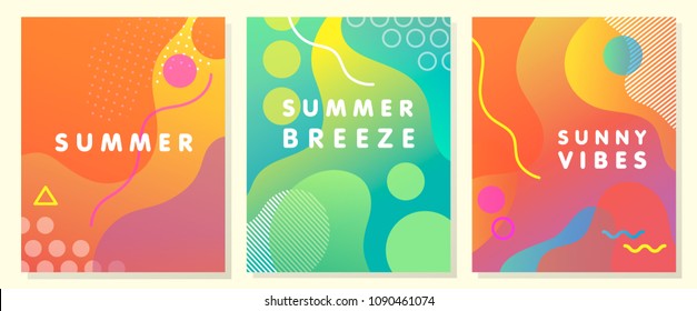 独特的艺术夏季贺卡，带有明亮的渐变背景、形状和孟菲斯风格的几何元素。抽象设计卡片非常适合印刷品、传单、横幅、邀请函、特别优惠等。