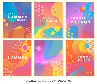 Unique artistic summer cards with bright gradient background,shapes and geometric elements in memphis style.Abstract design cards perfect for prints,flyers,banners,invitations,special offer and more.