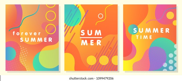 Unique artistic summer cards with bright gradient background,shapes and geometric elements in memphis style.Abstract design cards perfect for prints,flyers,banners,invitations,special offer and more.